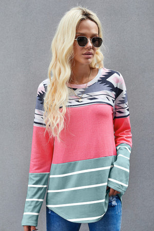 Pink Tribal Striped Long Sleeve T-shirt