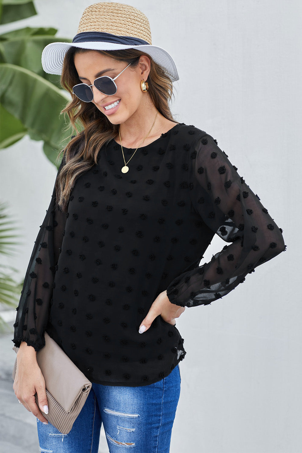 Black Swiss Dot Long Puff Sleeve Top