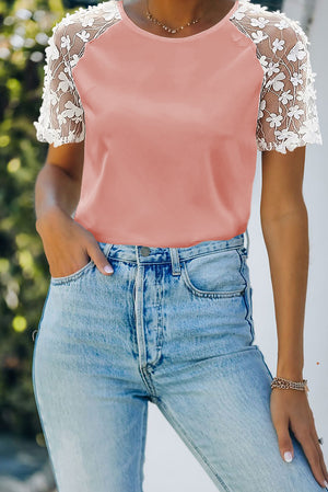 Pink Crewneck Applique Splicing Sleeve Top
