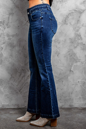 Blue High Rise Buttoned Flared Jeans
