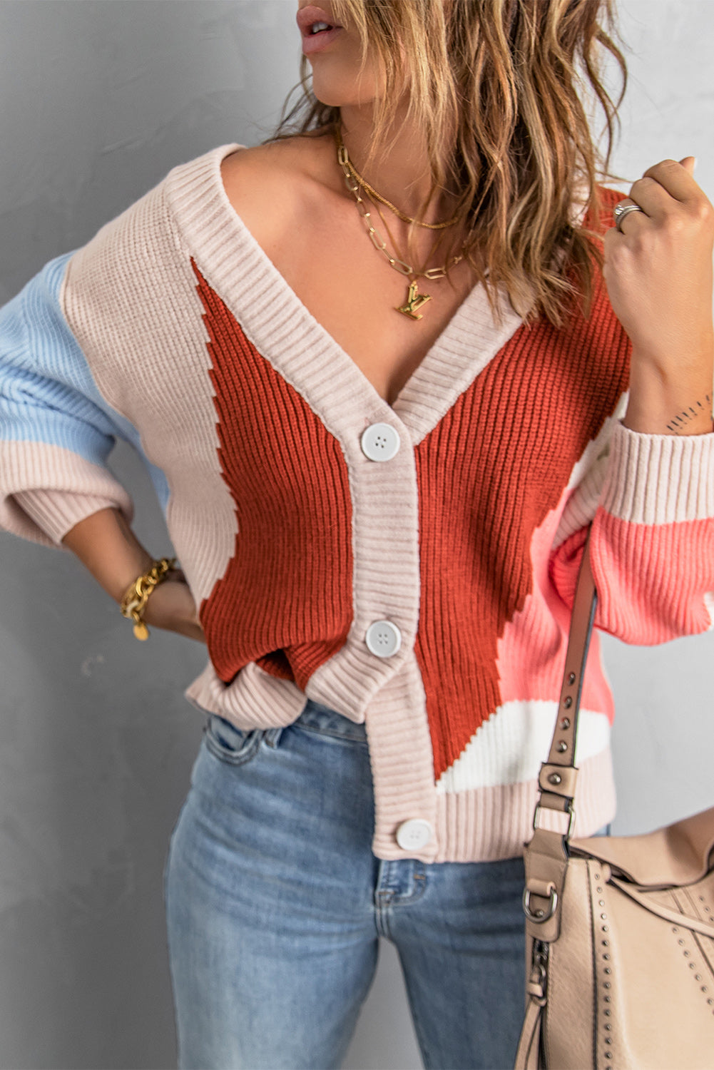 Khaki Color Block Buttons Drop-Shoulder Sleeve Cardigan