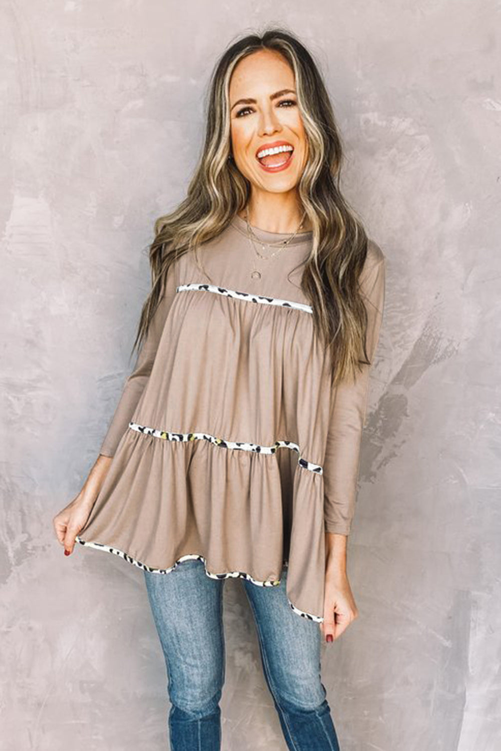 Khaki Leopard Splicing Ruffle Long Sleeve Top