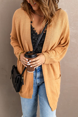 Khaki Open Front Knitted Sweater with Pocket