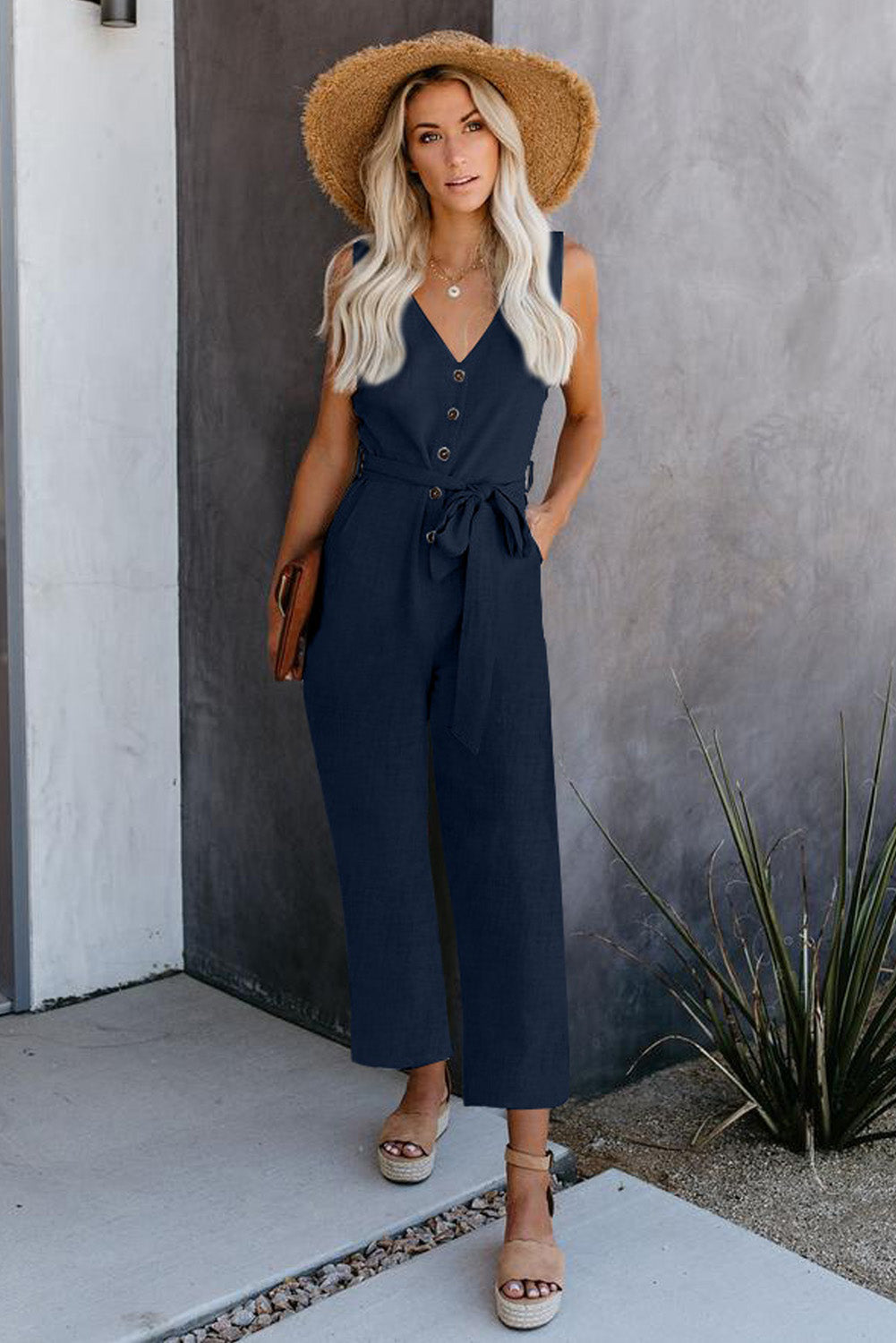 Blue V Neck Button Belted Jumpsuit with Pockets