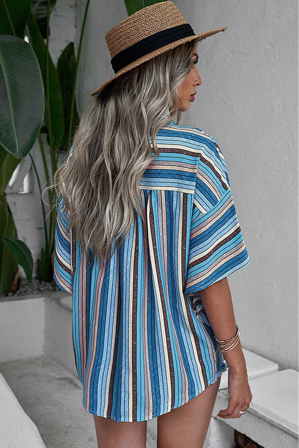 Blue Multi-color Striped Short Sleeve Blouse
