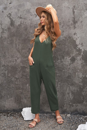 Green Sleeveless Wide Leg Loose Jumpsuit with Pocket