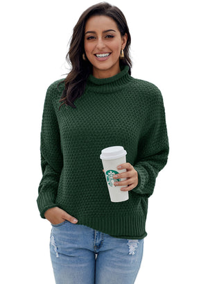 Green Oversized Chunky Batwing Long Sleeve Turtleneck Sweater