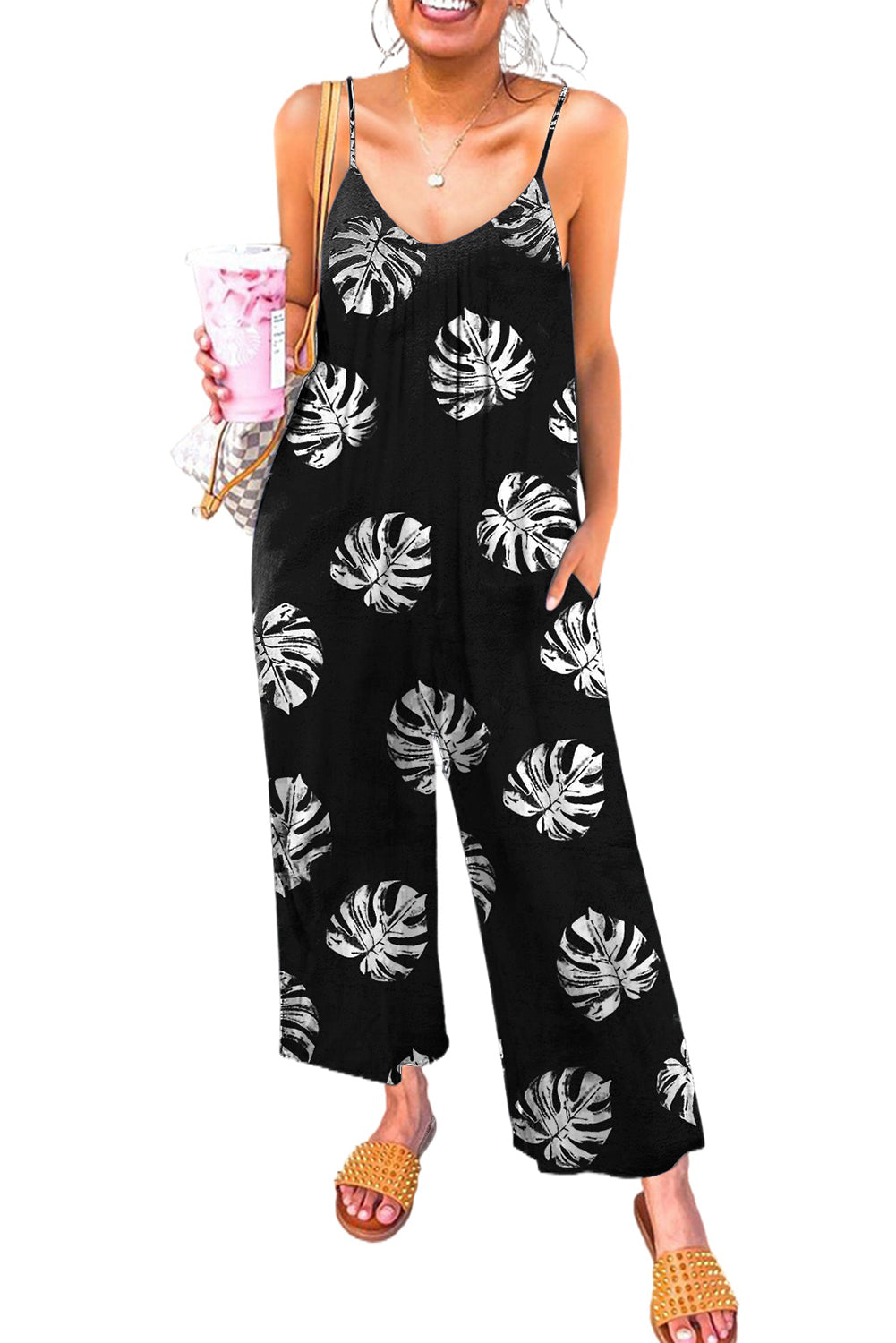 Black Palm Leaves Print Spaghetti Strap Wide Leg jumpsuit