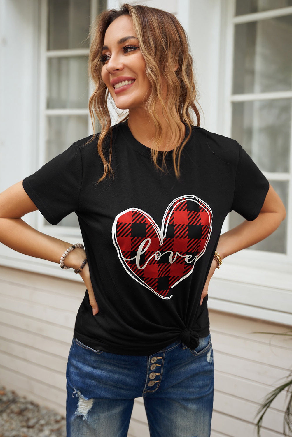 Plaid Love Heart Print Short Sleeve T-shirt