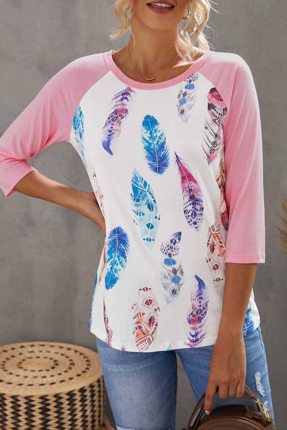 Pink Feather Print 3/4 Raglan Sleeve Top