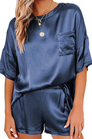 Dark Blue Satin Pocketed Tee and Shorts Lounge Set