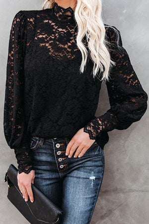 Black Lace Splicing Mock Neck Blouse