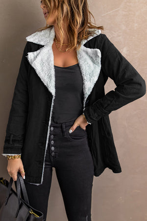 Black Lapel Collar Button Fleece Jacket