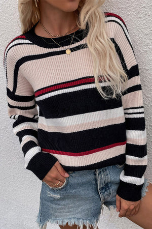 Black Knitted Crew Neck Striped Color Block Sweater