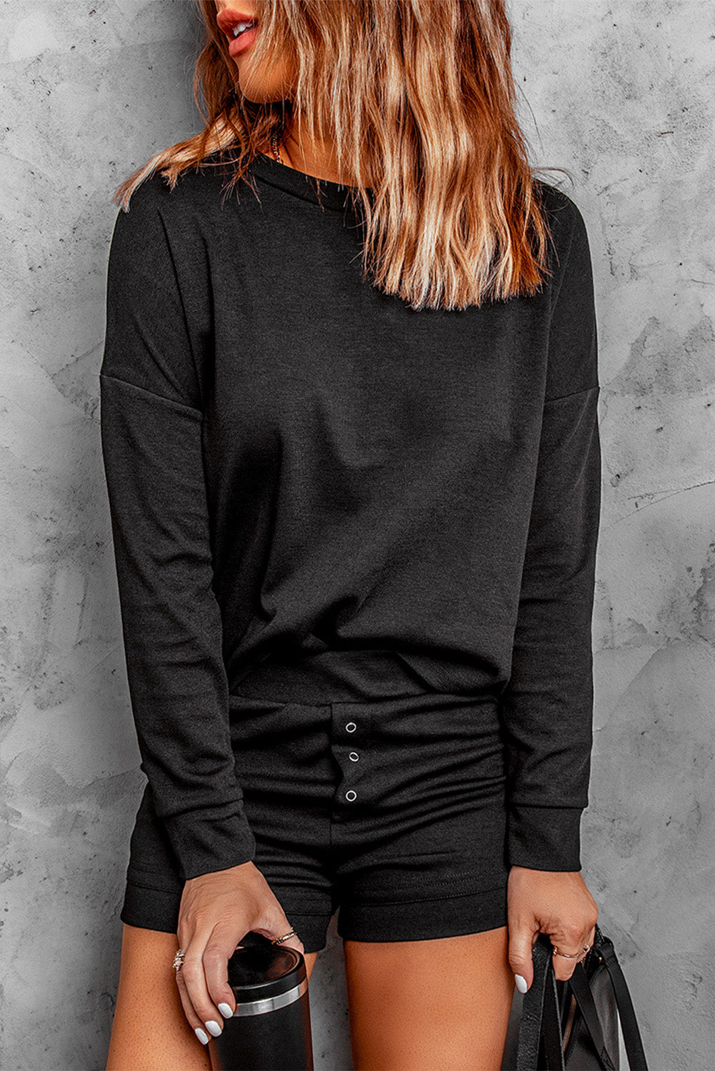 Black Ribbed Knit Drop-Shoulder Sleeve Top and Shorts Lounge Set