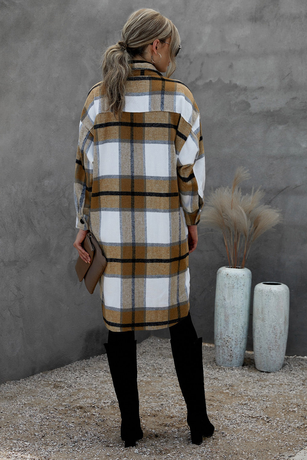 Khaki Turn Down Collar Pocket Buttoned Plaid Print Coat