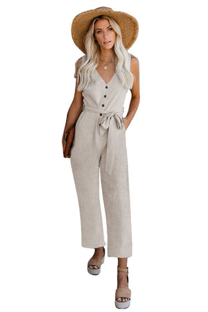 Beige V Neck Button Belted Jumpsuit with Pockets