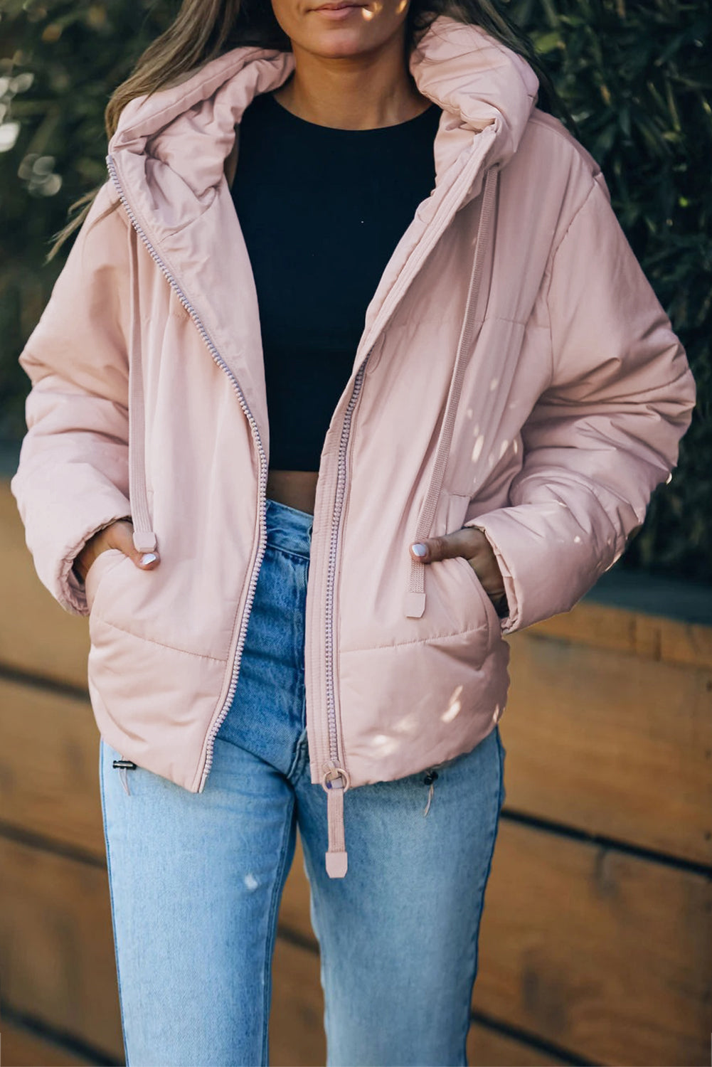 Pink Zipper Hooded Coat with Pocket
