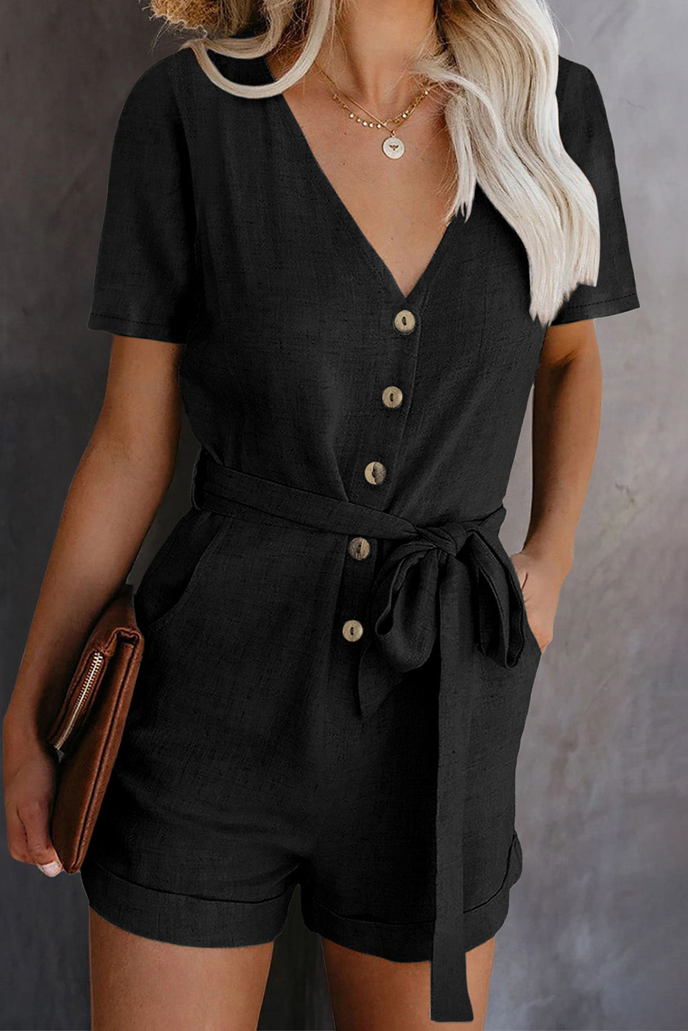 Black V Neck Short Sleeve Buttons Belted Romper with Pockets