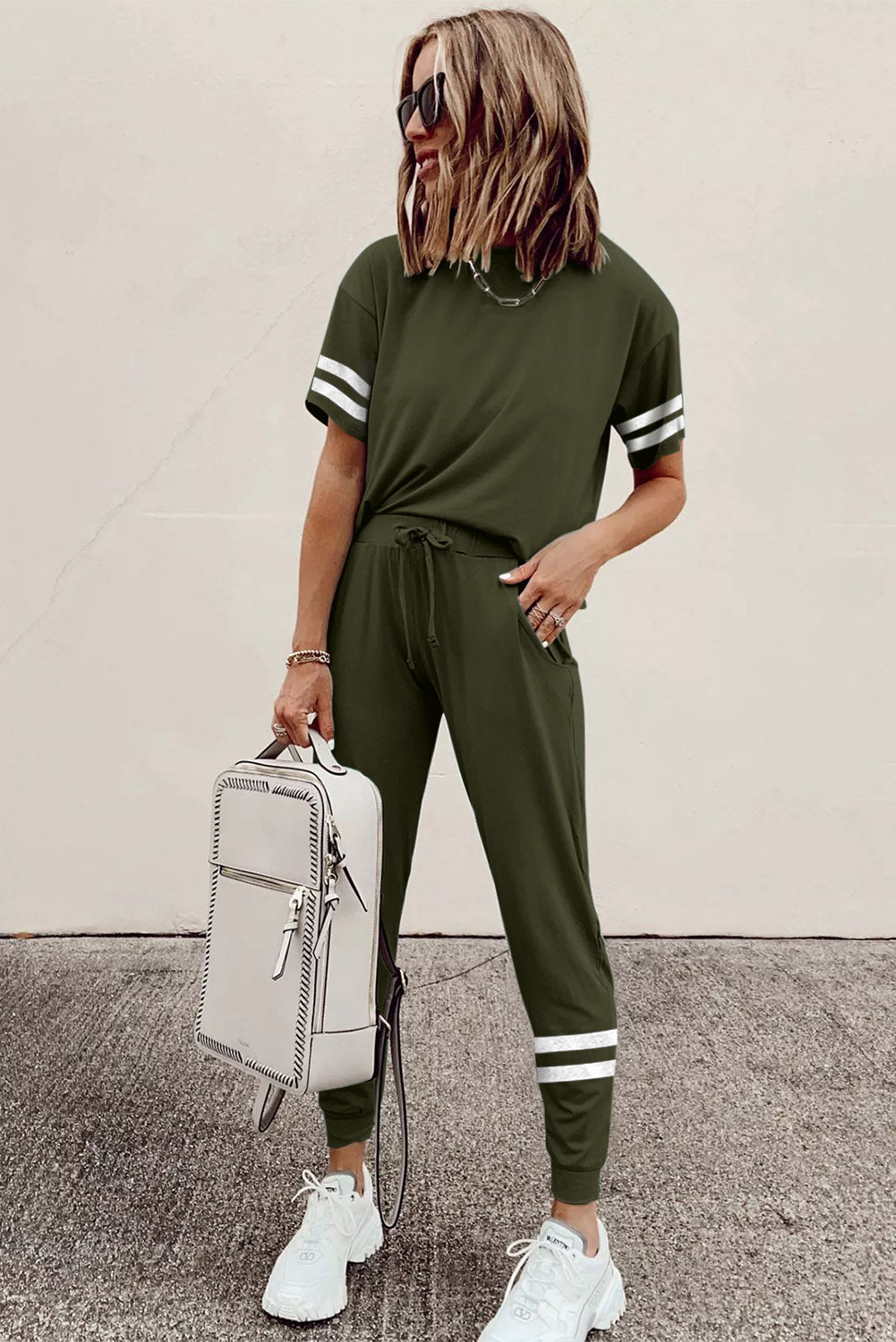 Army Green Striped Accent Short Sleeve and Joggers Set