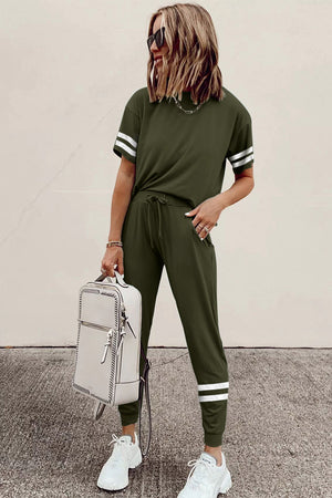 Army Green Striped Accent Short Sleeve and Joggers Set