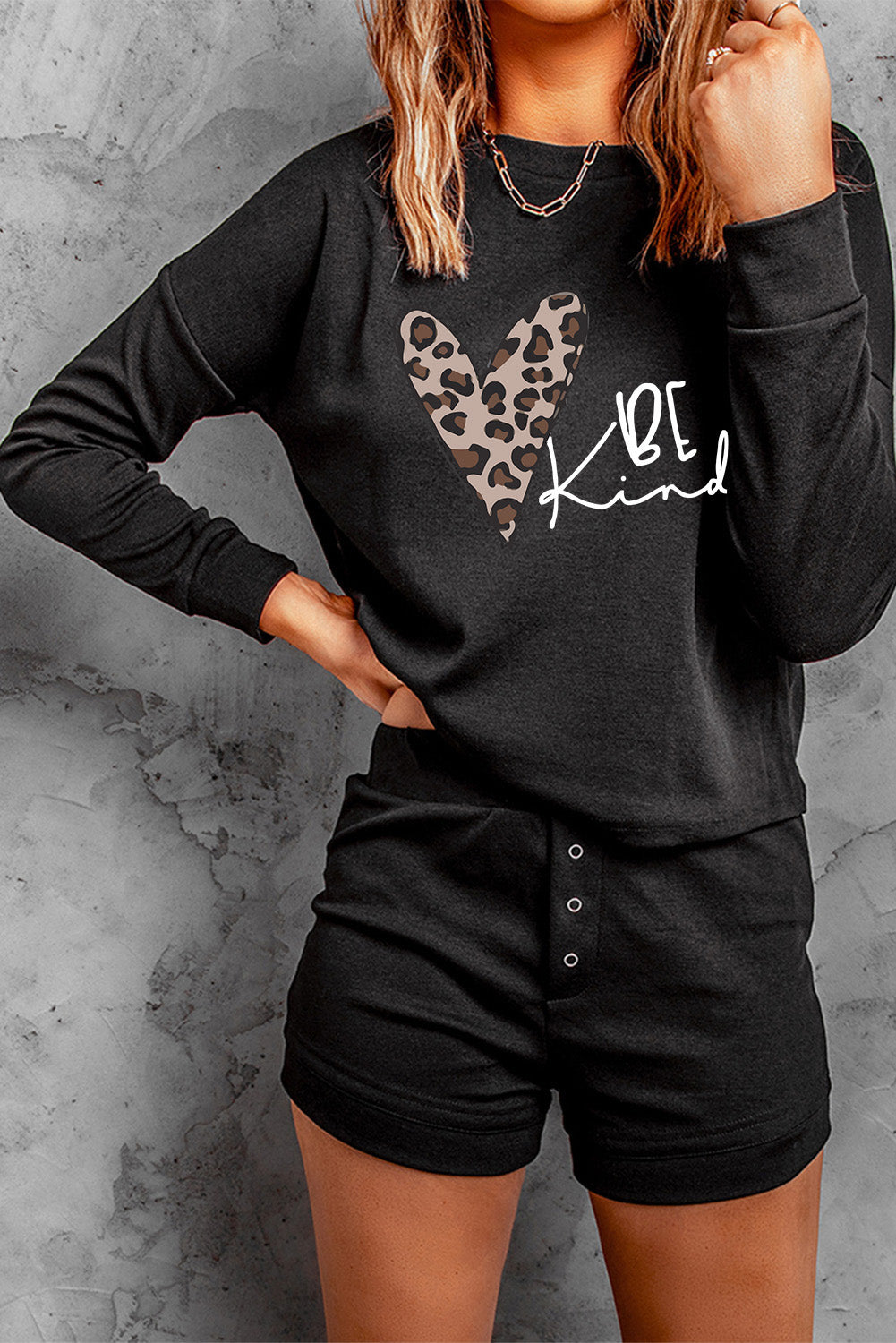 Be Kind Leopard Heart Print Long Sleeve Top and Shorts Loungewear