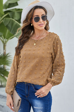 Brown Swiss Dot Long Puff Sleeve Top