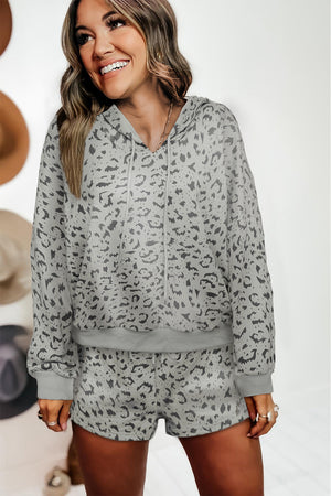 Leopard Two-piece Long Sleeve Hooded Top and Shorts Lounge Set