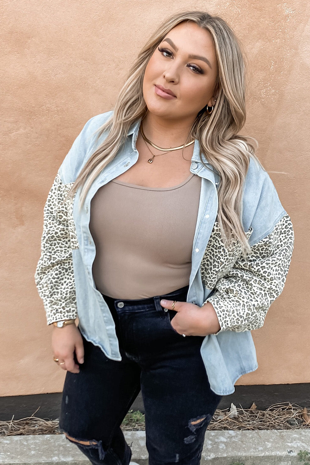 Sky Blue Plus Size Leopard Splicing Button Denim Jacket