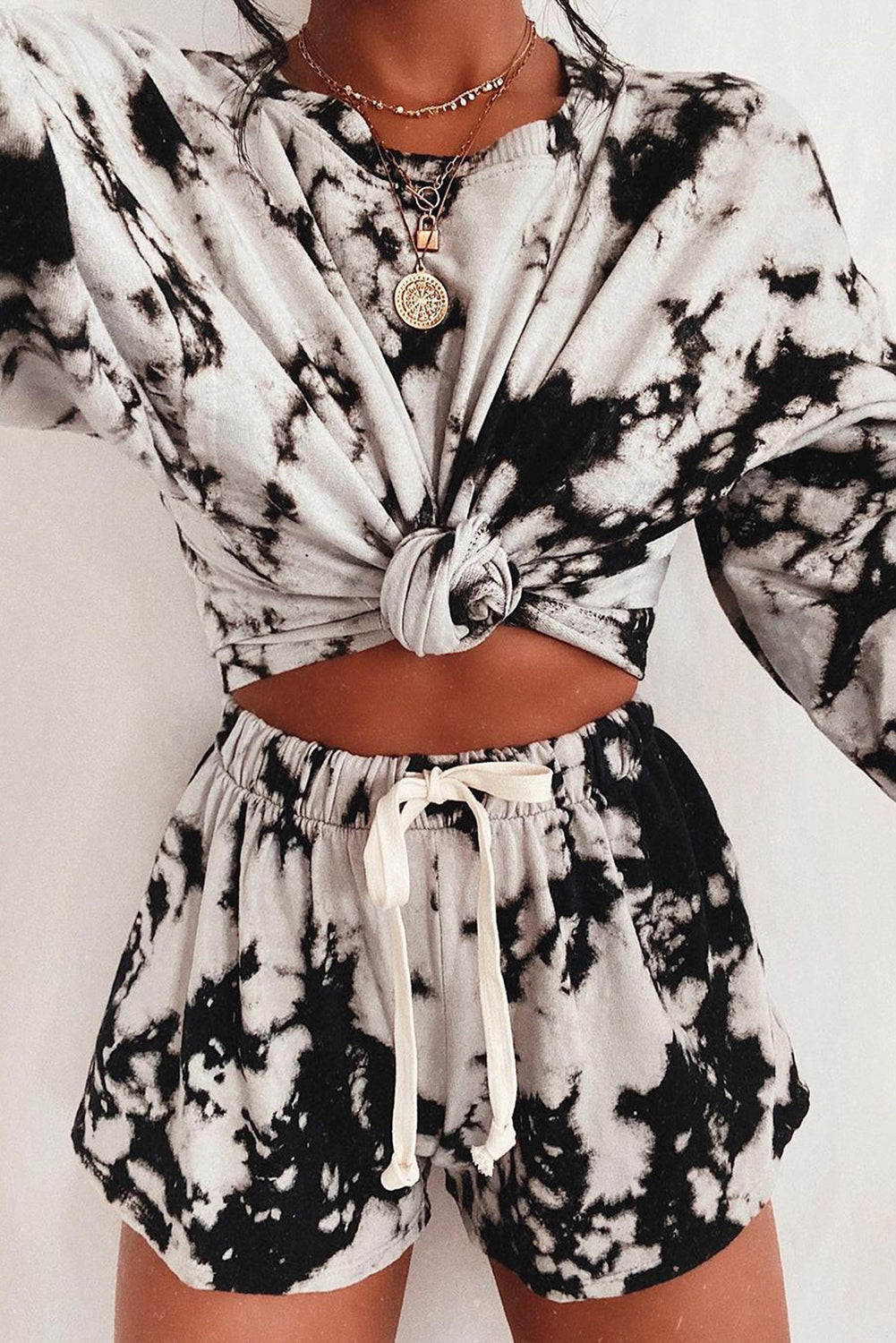 Black Tie-dye Print Long Sleeve and Drawstring Shorts Set