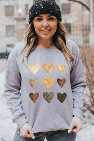 Gray Valentine Heart Print Crew Neck Pullover Sweatshirt