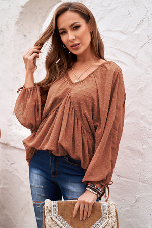 Brown Swiss Dot Lace-up V Neck Long Sleeve Top