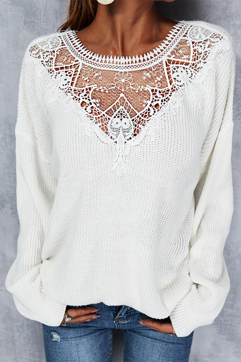 Lace Splicing Drop-shoulder Knitted Sweater