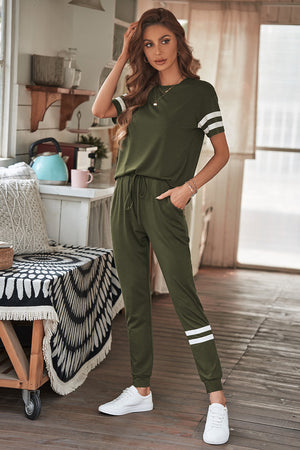 Army Green Striped Accent Short Sleeve and Joggers Set