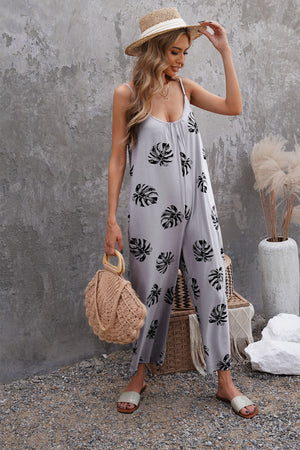 Gray Palm Leaves Print Spaghetti Strap Wide Leg jumpsuit