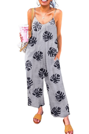 Gray Palm Leaves Print Spaghetti Strap Wide Leg jumpsuit