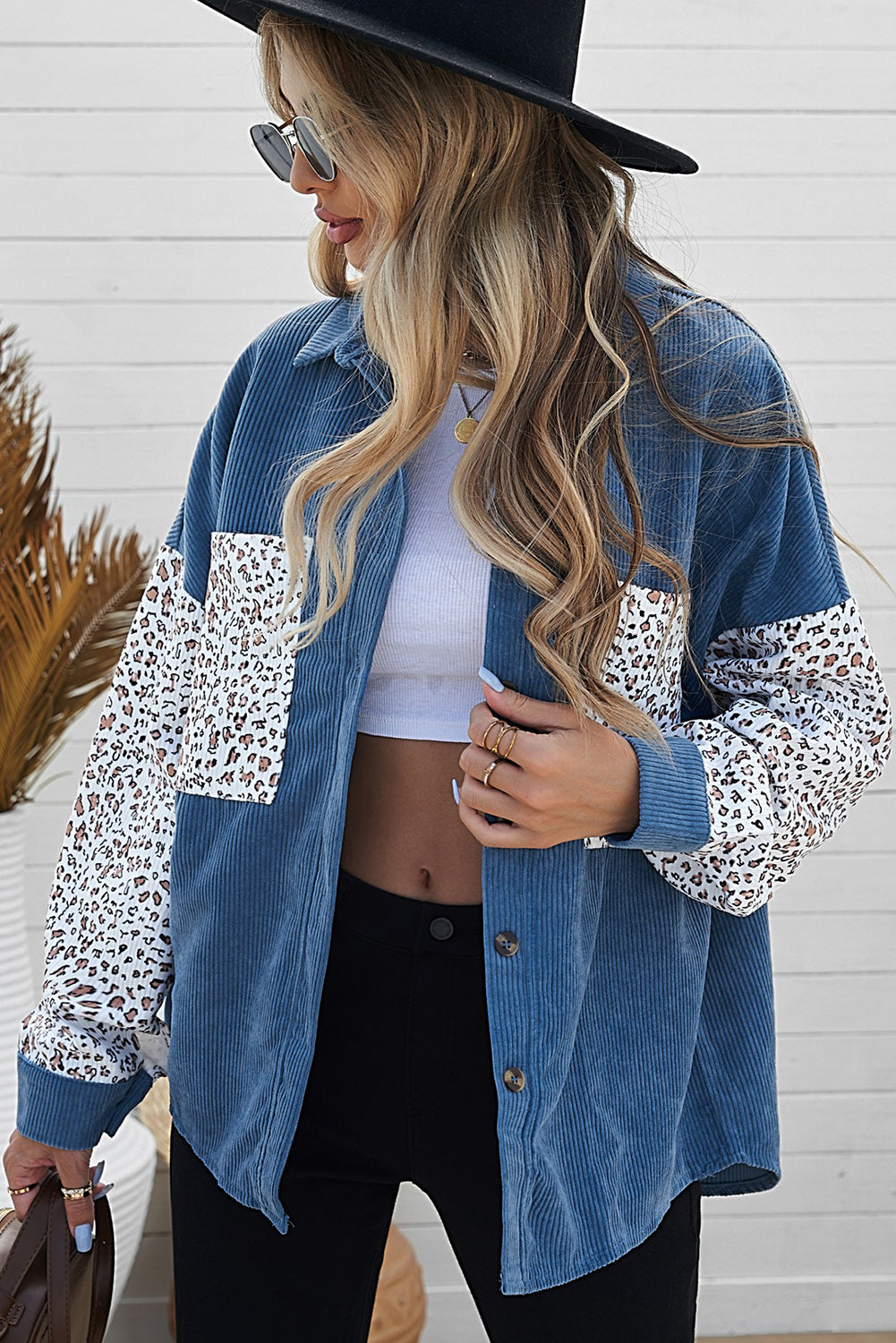 Blue Leopard Patchwork Corduroy Buttoned Shirt Jacket