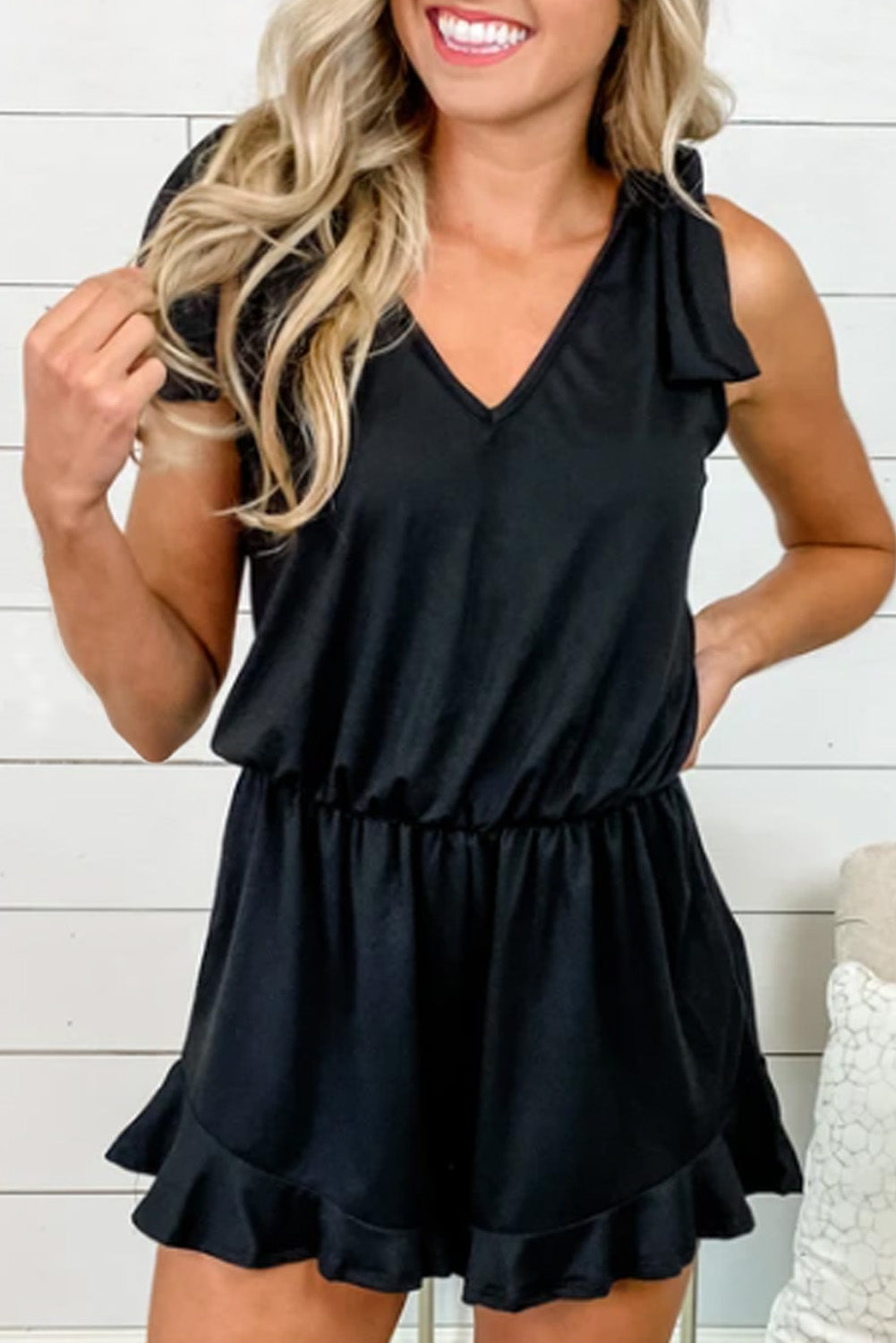 Black Ruffled V Neckline Romper