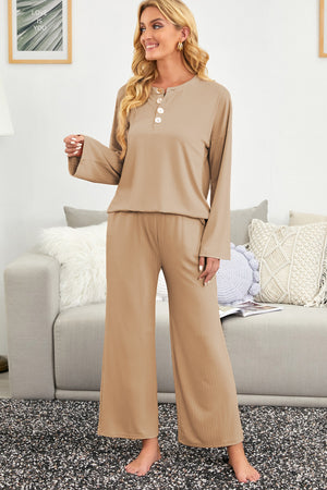Apricot Long Sleeve Buttoned Wide Leg Lounge Wear