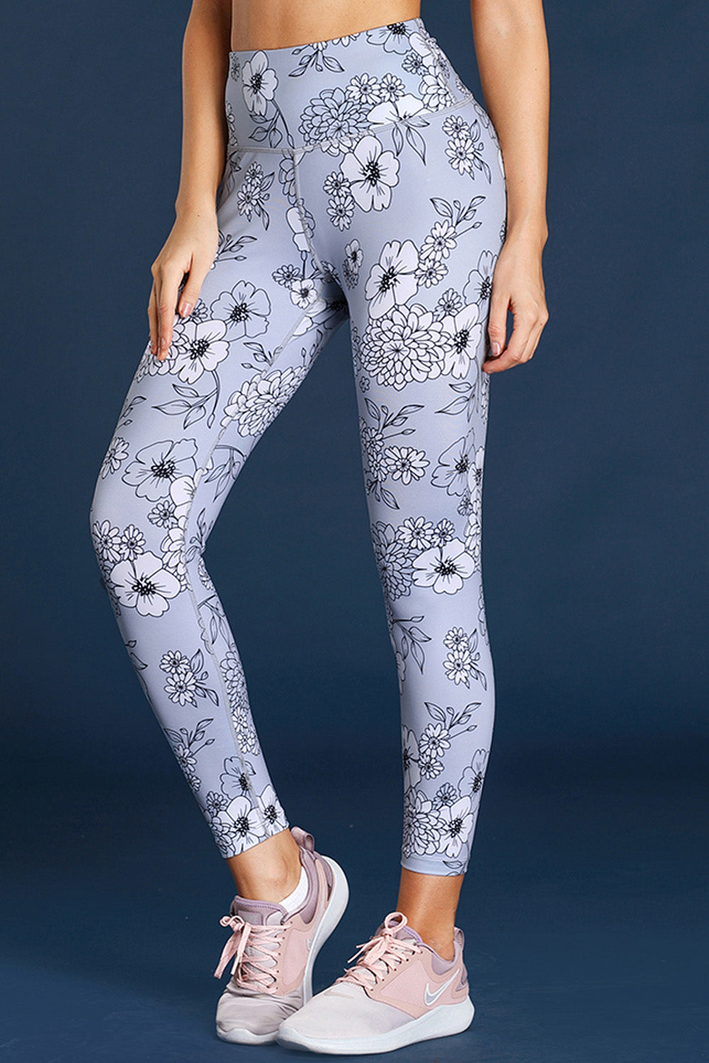 Gray Floral Print Allover High Waist Leggings