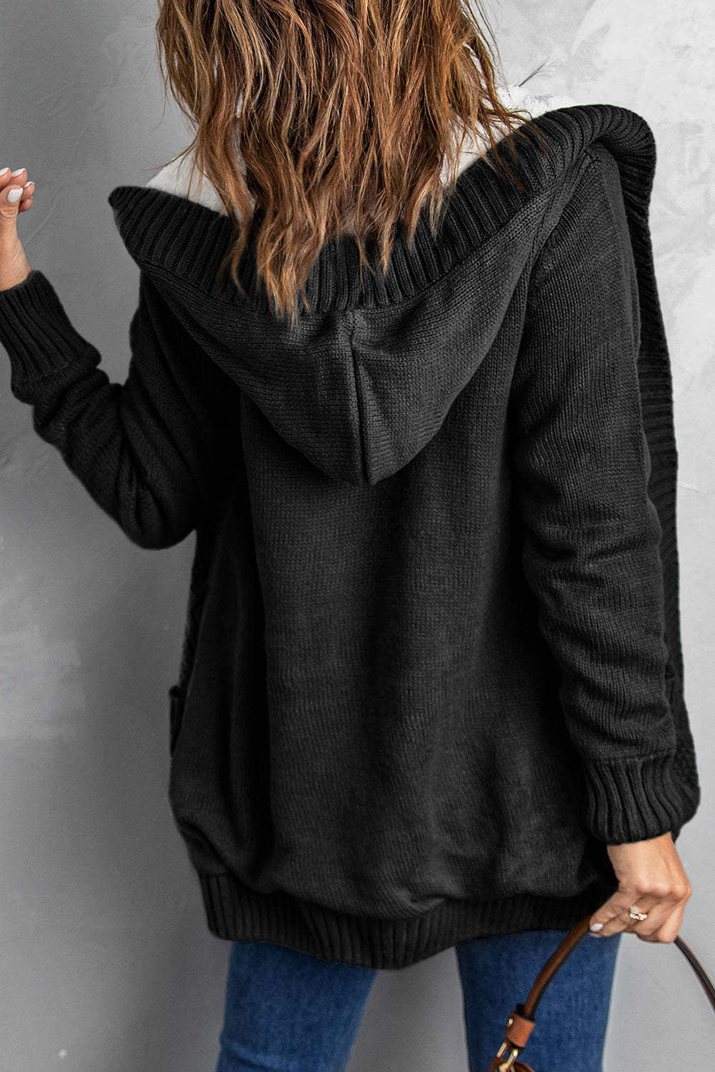 Black Buttoned Hooded Open Front Knitted Sweater