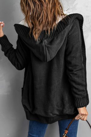 Black Buttoned Hooded Open Front Knitted Sweater