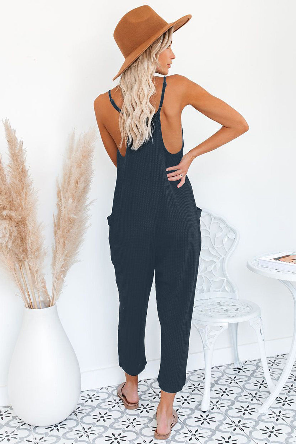 Blue Sleeveless Wide Leg Loose Jumpsuit with Pocket