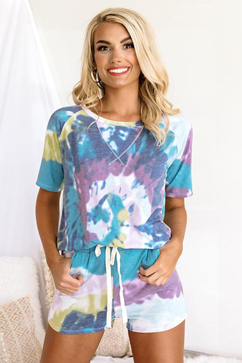 Blue Tie-dye Print Tee and Drawstring Shorts Lounge Set