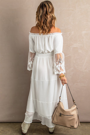 White Off Shoulder Embroidered Flared Sleeve Lace Maxi Dress