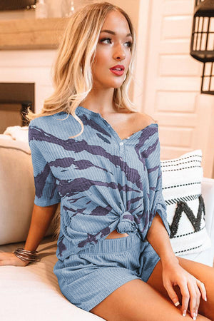 Blue Camo Print Waffle Knit Lounge Set
