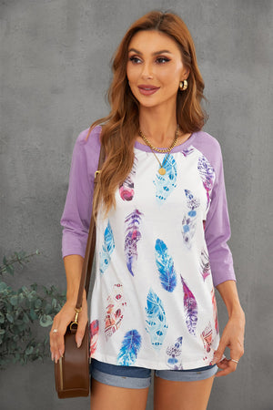 Purple Feather Print 3/4 Raglan Sleeve Top