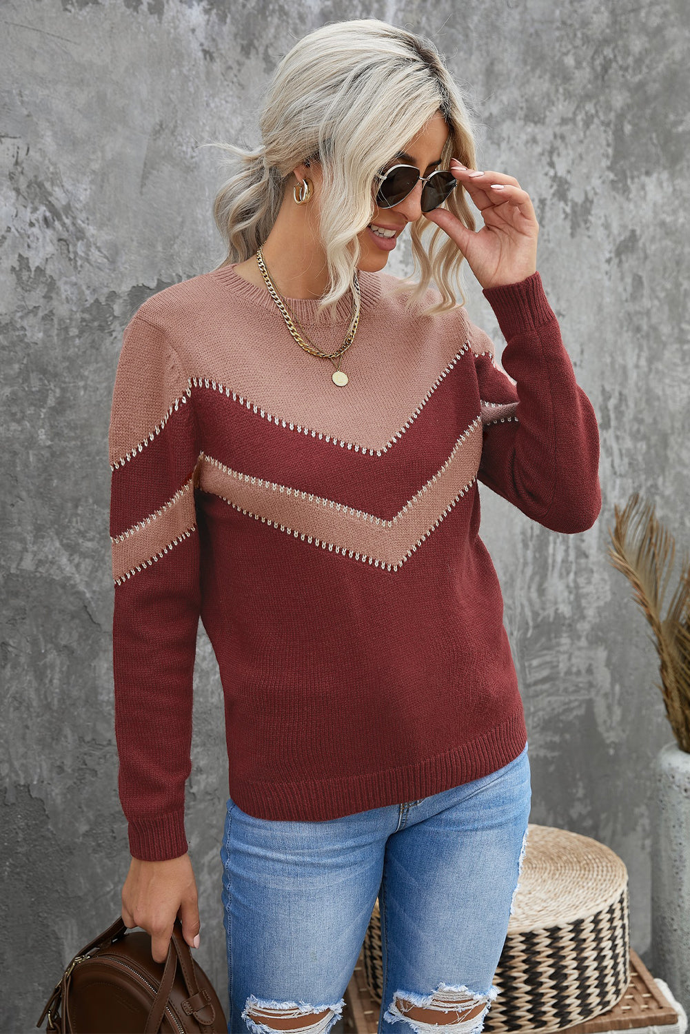 Brown Chevron Colorblock Crew Neck Sweater