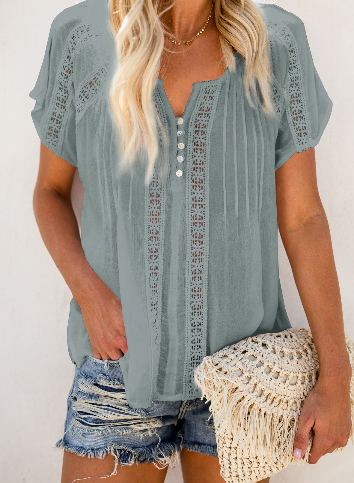 Crochet Eyelet Short Sleeves Top