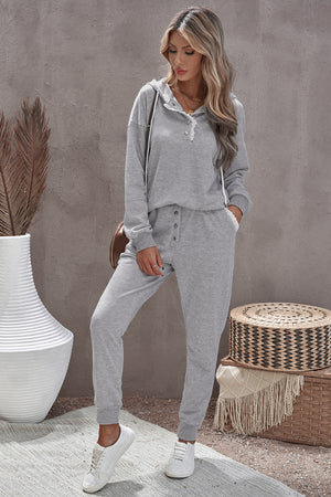 Gray Snap Buttons Lacy Hoodie and Sweatpants Lounge Set